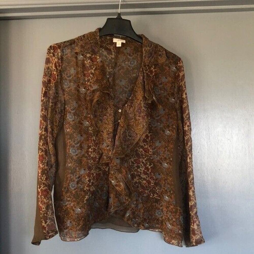 J. Jill Brown Floral Sheer Blouse Womens SZ Small Ruffles CottageCore Feminine